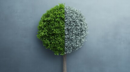 The image shows a unique tree with half of its leaves green and the other half gray, standing tall against a gray background, symbolizing duality and change.