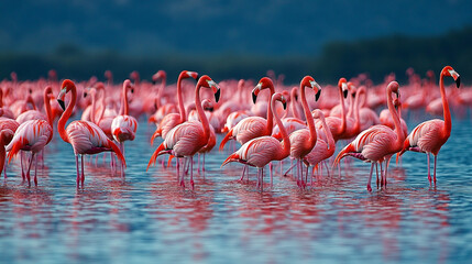 Obraz premium Pink Flamingos standing in the water. AI generated