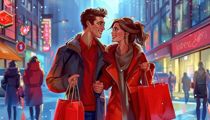 Obraz premium Romantic city scene, couple with shopping bags, Valentine's Day date, high resolution, vivid colors.