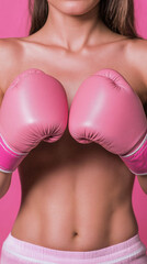 Pink background with woman in boxing gloves, symbolizing breast cancer awareness fight

