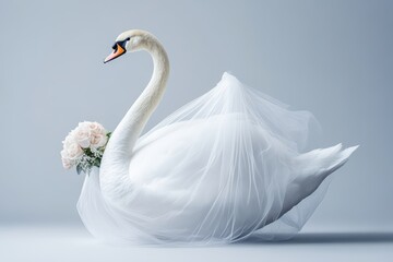 A graceful swan adorned in a flowing veil, symbolizing elegance and beauty, complemented by delicate flowers.
