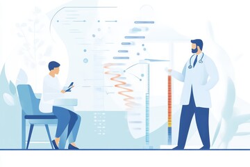 Obraz premium A healthcare professional consults with a patient, showcasing medical data and analytics in a modern health setting.