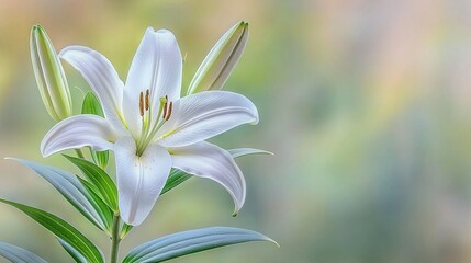   A white flower surrounded by green leaves stands against a hazy backdrop, with a soft focus on the foreground and a faint background