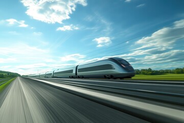 Fototapeta premium A high-speed train traveling swiftly on a modern railway under a clear blue sky, symbolizing progress and innovation in transportation.