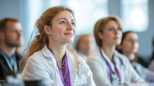 Group of doctors in lab coats with badges at conference in bright auditorium, people listening attentively to speaker, meeting, presentation, medical seminar, men, women, professionals, science