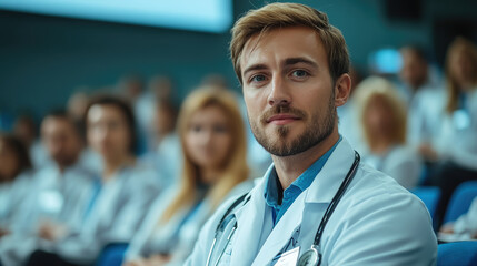 Group of doctors in lab coats with badges at conference in bright auditorium, people listening attentively to speaker, meeting, presentation, medical seminar, men, women, professionals, science