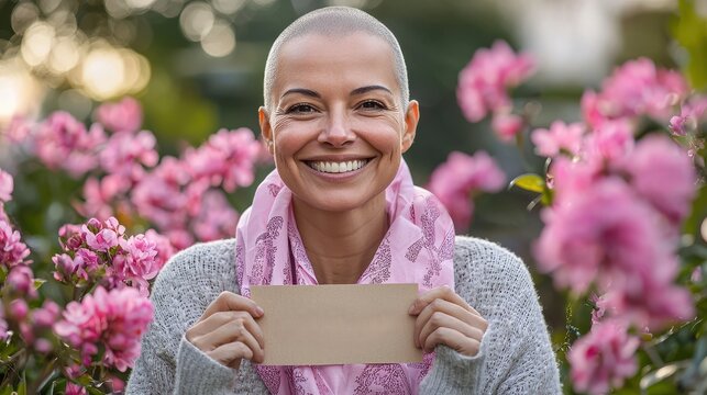 A smiling woman with a shaved head wearing a pink ribbon scarf and holding a sign that says Hope standing in a garden full of blooming pink flowers symbolizing resilience courage and the beauty of