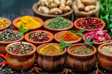 Fototapeta premium Variety of spices in clay bowls including turmeric, peppers, and herbs with fresh ginger in the background. Ayurveda, ayurvedic herbs, Generative AI