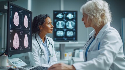A doctor and patient standing side by side looking at a mammogram image on a computer screen in a consultation room emphasizing the importance of medical guidance and early detection in the fight