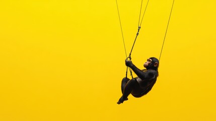 A playful monkey glides through the air on a parachute against a vibrant yellow backdrop, showcasing a sense of fun and adventure.