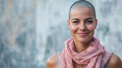 A portrait of a strong and smiling woman with a shaved head and a pink scarf around her neck symbolizing her fight against breast cancer and her resilience during chemotherapy treatments