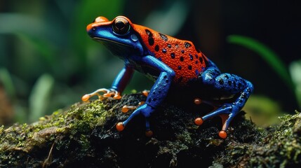 Fototapeta premium Vibrant Blue and Orange Poison Dart Frog Perched on Moss