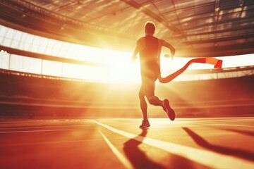 A runner crosses the finish line at sunset, showcasing determination and victory in a vibrant athletic scene.