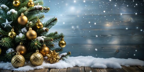 Merry Christmas and New Year Celebration Poster with Snowy Background and Golden Ornaments Design for Print, Card, Poster
