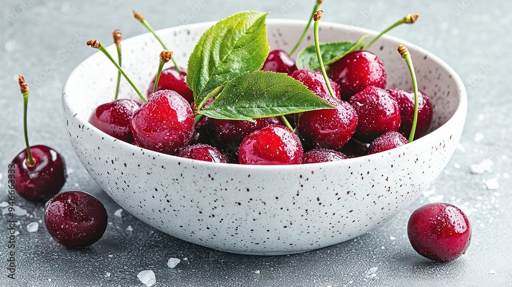 Sticker   A bowl of cherries with a leaf on one