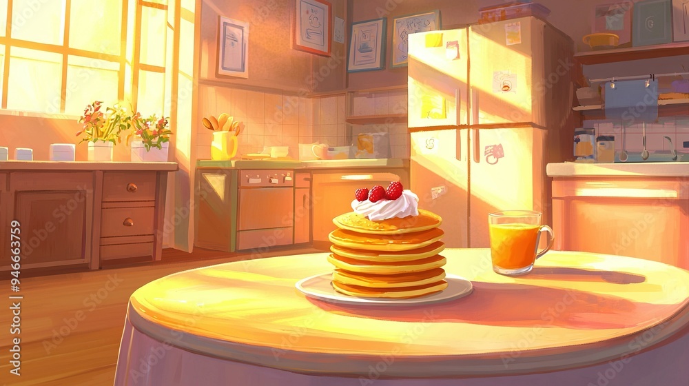 Wall mural  A painting depicts a stack of pancakes on a table with an orange juice glass in front