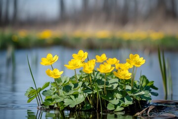 A cluster of vibrant yellow flowers bloom in the center of a calm, blue pond.  The lush green foliage surrounds the blossoms, symbolizing growth, new beginnings, and the beauty of nature. The blurred 