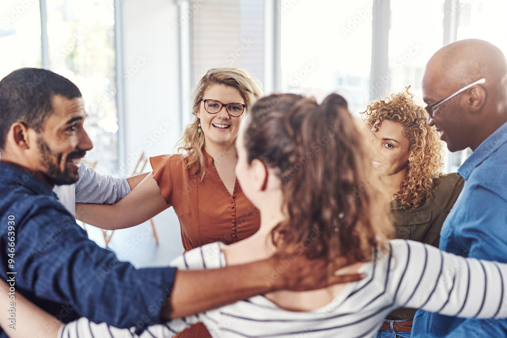 Poster office, team building and hug together in huddle for teamwork, collaboration and motivation at start