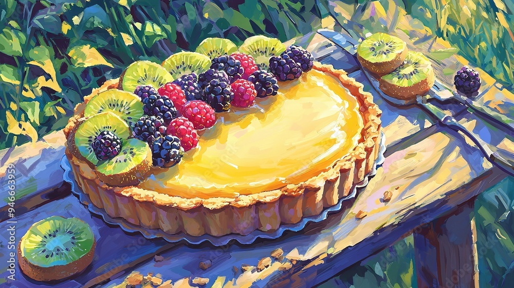 Poster a fruit tart in a painting with a knife and fruit