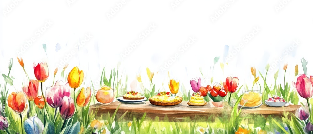 Wall mural A vibrant display of desserts amidst colorful tulips, perfect for spring and seasonal celebrations.