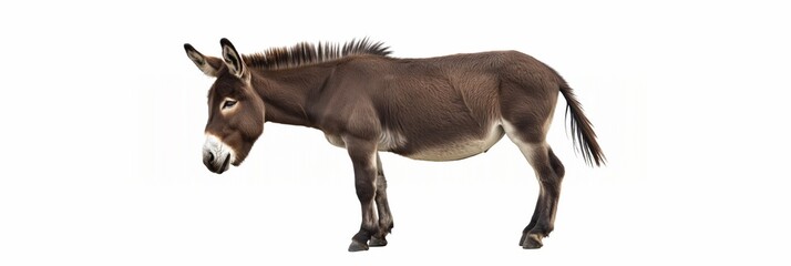 Fototapeta premium A donkey is standing on a white background. The donkey is looking at the camera