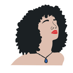 WOMAN WITH BLACK CURLY HAIR, BLUE NECKLACE AND RED LIPS