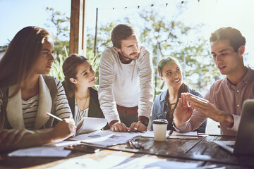 Startup, team and paper at coffee shop for meeting, company finance and strategy for growth. Small business, man speaker or discussion in cafe for collaboration, planning and feedback or proposal