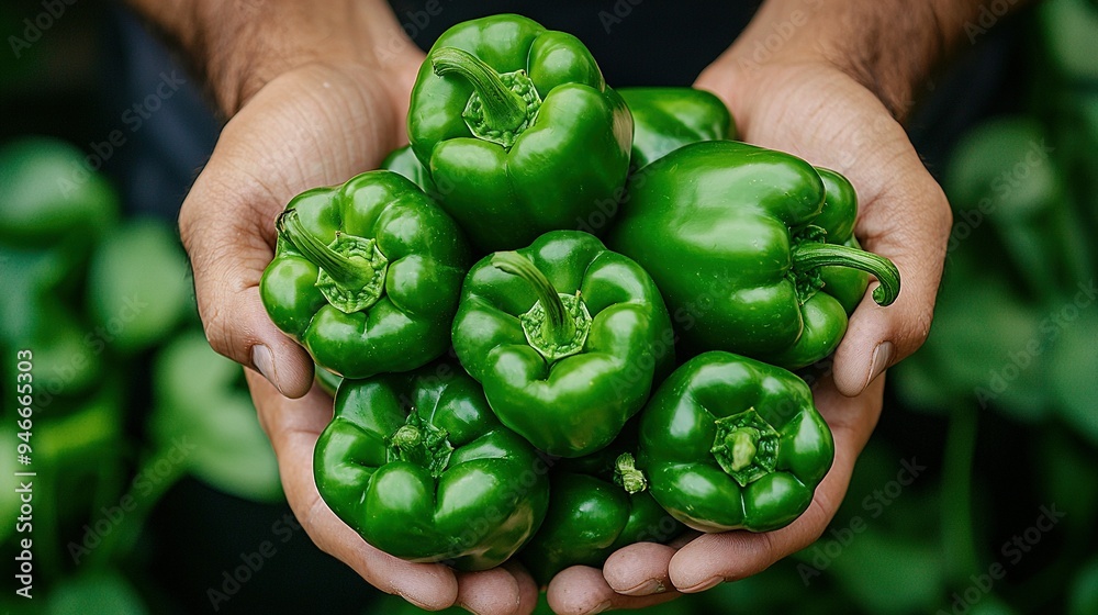 Poster   A person holds multiple green peppers in front of several green peppers