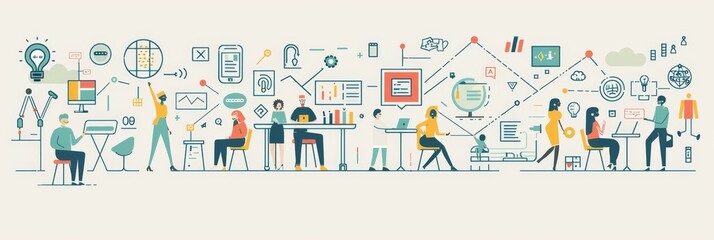 A diverse team of business professionals collaborating using technology and artificial intelligence, showcasing teamwork, innovation, and digital transformation.