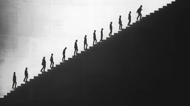 Silhouetted Individuals Walking Up and Down Staircase, Abstract Concept of Progress and Ambition