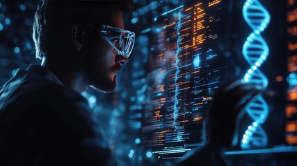 High-Tech Scientist Analyzing DNA Data on Futuristic Digital Interface in Laboratory