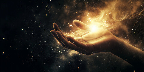 Eine Hand umgeben von magischem Licht und Staub