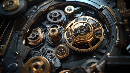 Close-up of Intricate Gold and Black Gears in a Mechanical Device
