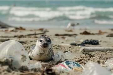 Seal pup on a polluted beach surrounded by plastic waste and debris, near the ocean waves. Environmental pollution and wildlife conservation concept. Close-up shot. Generative AI