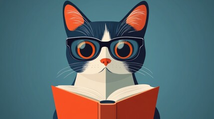 Nerdy Cat with Glasses Reading a Book - Quirky and Adorable Stock Photo
