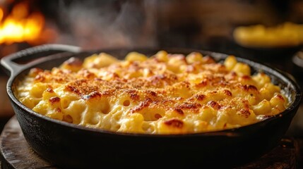 a hearty winter favorite creamy macaroni and cheese sizzling in a cast-iron skillet, a cozy comfort food delight