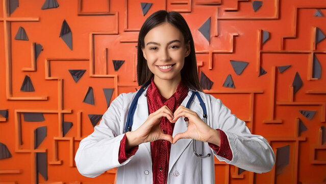 Jovem m&eacute;dica sorrindo com estetosc&oacute;pio fazendo cora&ccedil;&atilde;o com a m&atilde;o no consult&oacute;rio com fundo vermelho. cuidados com paciente