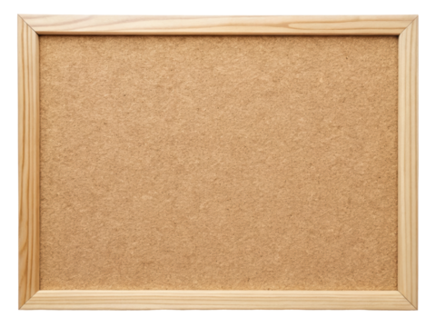 Large rectangular cork board with a wooden frame, perfect for pinning notes, memos, or photos. Ideal for organizing and displaying information in home. Isolated on transparent background, png.