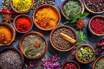 Fototapeta premium Assorted spices, herbs, and seasonings in clay bowls with fresh greenery on a dark textured background. Flat lay composition for culinary design and print. Ayurveda, ayurvedic herbs, Generative AI