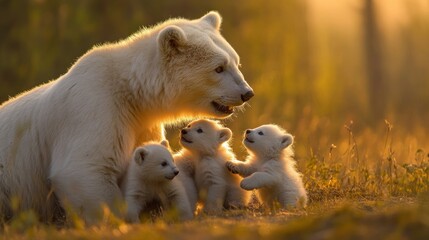 Fototapeta premium Polar Bear Mother and Three Cubs in Golden Sunlight