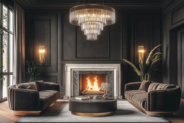 Fototapeta premium Elegant living room featuring a cozy fireplace, modern furniture, and sophisticated lighting for a warm, inviting ambiance.