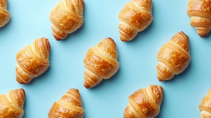 A flat lay image of fresh, golden brown croissants arranged in a diagonal pattern on a bright blue background. The croissants represent the beauty of simple pleasures, the allure of classic baking, an
