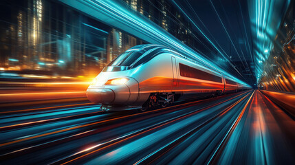 Fototapeta premium High-Speed Bullet Train in Motion at Night Through a Cityscape with Blurred Lights