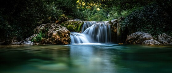 Serene Waterfall Cascading Through Lush Green Forest