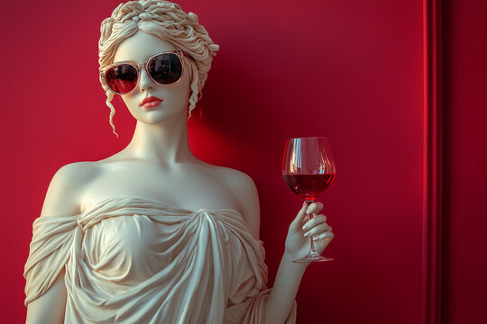 Arrogant portrait of a sculpture of Aphrodite with wine glass in hand on red background with copy space 