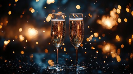 Elegant Toast with Champagne Flutes Against Festive Bokeh Lights Background
