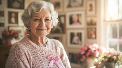 A portrait of a senior woman with a gentle smile, wearing a pink ribbon on her sweater, standing in a bright, sunlit room with family photographs and flowers, conveying a sense of warmth, wisdom, and