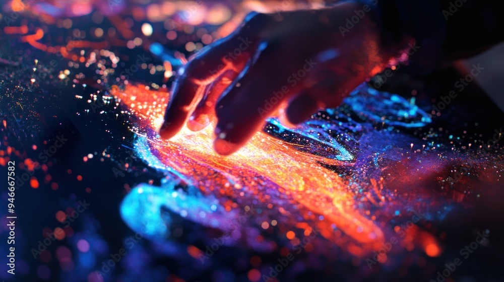Poster hand interacting with a luminous abstract surface