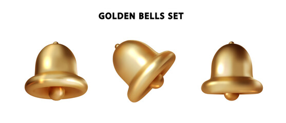 Gold bells 3d isolated on white background PNG. Metal realistic bell vector set. Christmas symbol, notification, school, vintage bell icon.