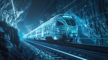 The future of transportation: a high-tech train, powered by innovation, glides through a stunning mountain setting.